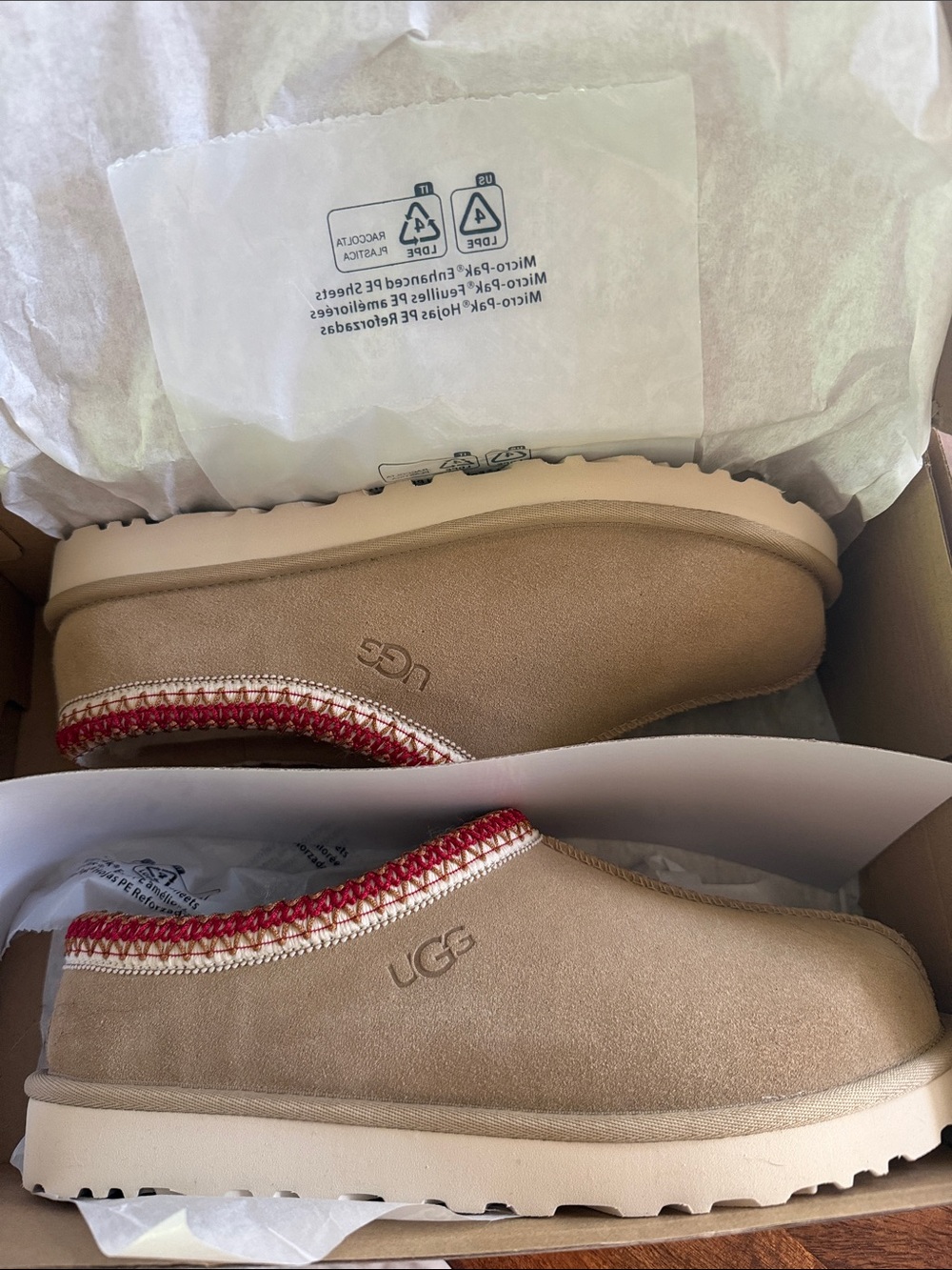 UGG Tan Suede Slip-On Clogs with Red Trim